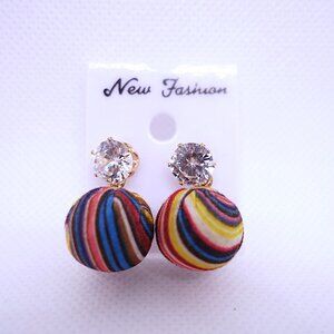 💎4/25💎NOS Vintage Retro 1970s Fabric Ball Crystal Pierced Stud Earrings Set #2